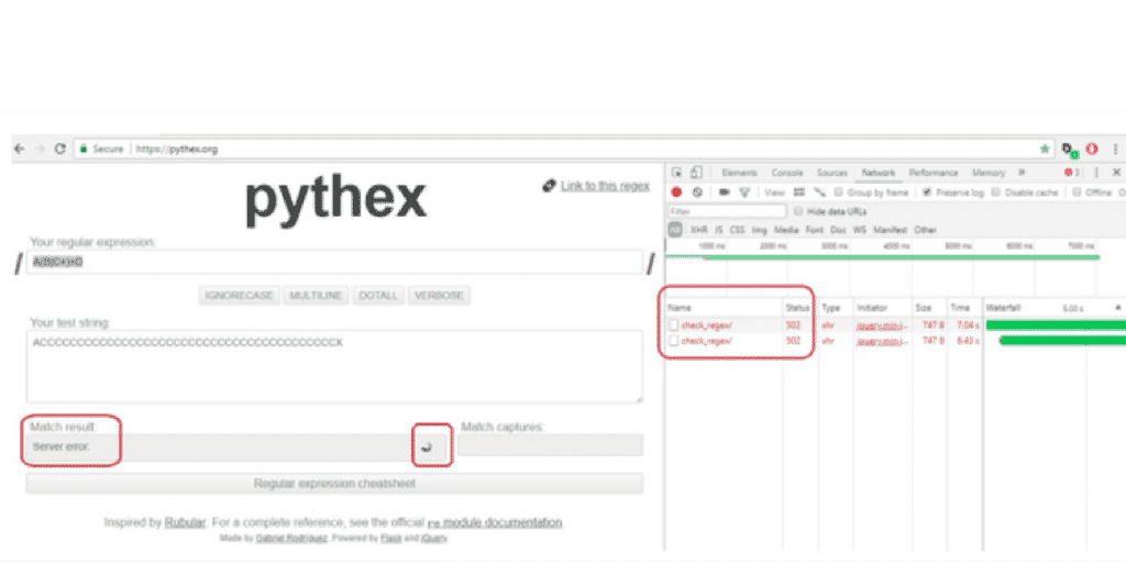 Figure 14: Catastrophic Backtracking on Pythex